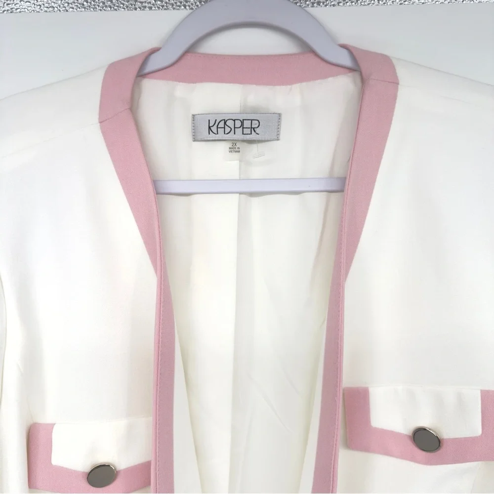 KASPER Framed Open Front Blazer Size 2X in Ivory/Pink - Picture 3 of 8